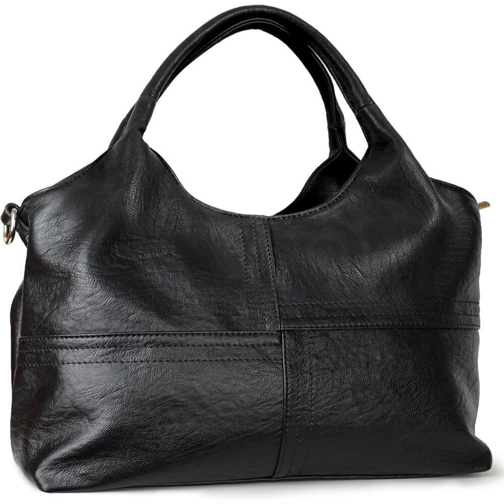 Women's Black Vegan Leather Purse Detachable Satchel Strap Hobo Bags